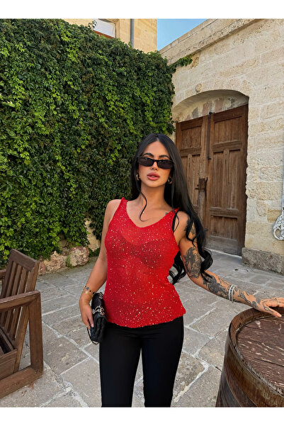 kırmızı butiks Red Sequined Openwork Knitwear Blouse