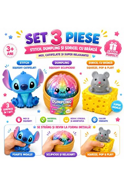 Squishy Комплект от 3 играчки: Стич, Дъмплинг, Мышката Сирене, за деца, голям...