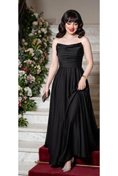 vela Black Soft Strapless Evening Dress with Detachable Neck Scarf