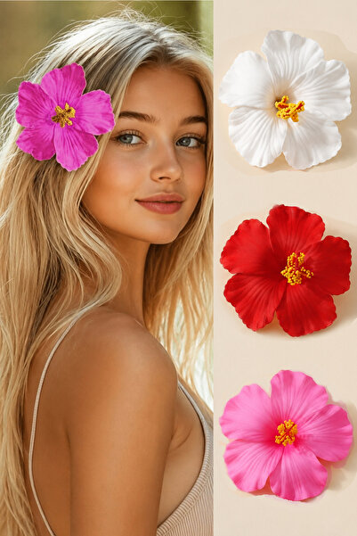 C&E Design Kadın 3'lü Aloha Hibiskus Çiçeği Pens Yazlık Toka Seti