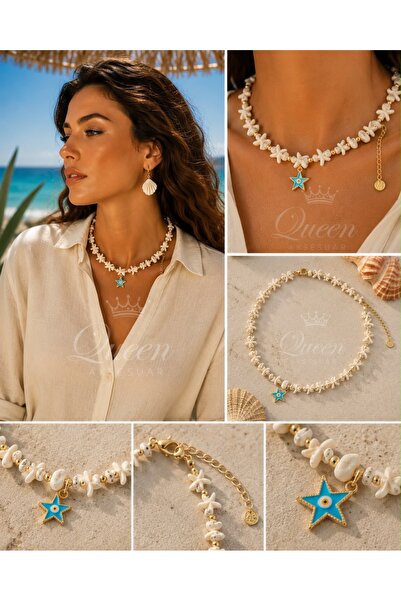 QUEEN AKSESUAR Luxury Design Bone Sea Star Natural Stone Gold Chain Beaded Ev...