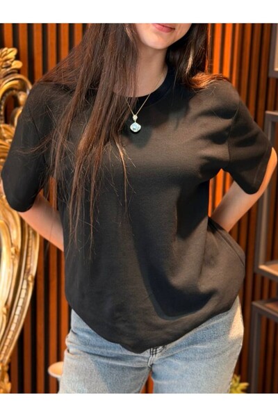 Kadın Siyah Oversize Basic Bisiklet Yaka Kısa Kollu T-shirt