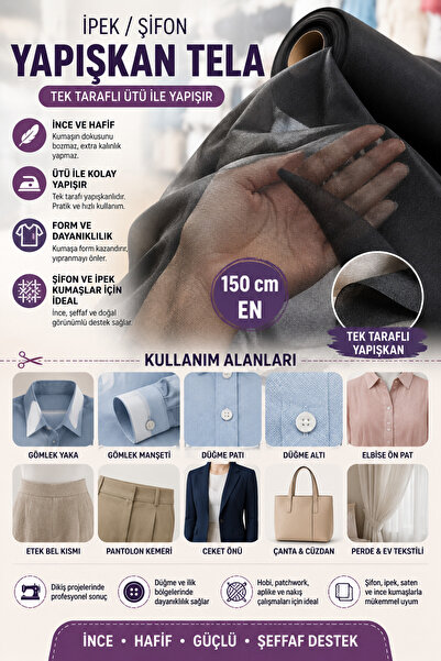 RuzgarHome İpek/Şifon Tela Tek Taraflı Yapışkan -- 150 Cm En