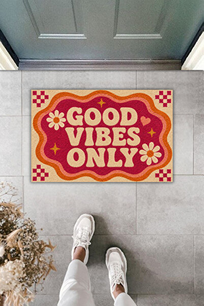 Rugmood Good Vibes Only Retro Daisy Patterned Digital Print Door Mat 70X45 cm