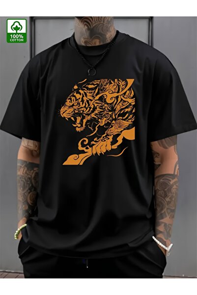Ekim11 Men'S Bold Tiger Print Pure T-Shirt, Short Sleeves Round Neck Bright B...