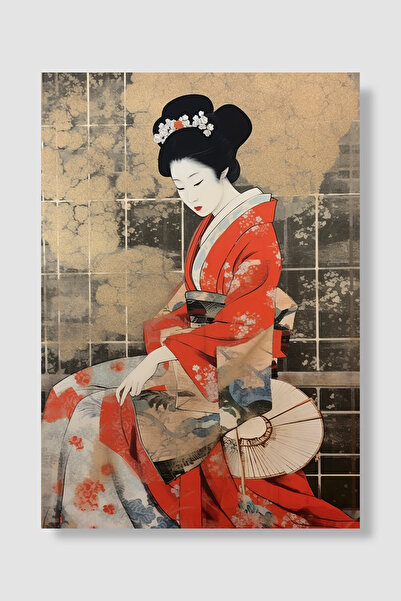 Luna Marissa Japanska gejša poster crveni kimono papirnati kišobran zlatna po...
