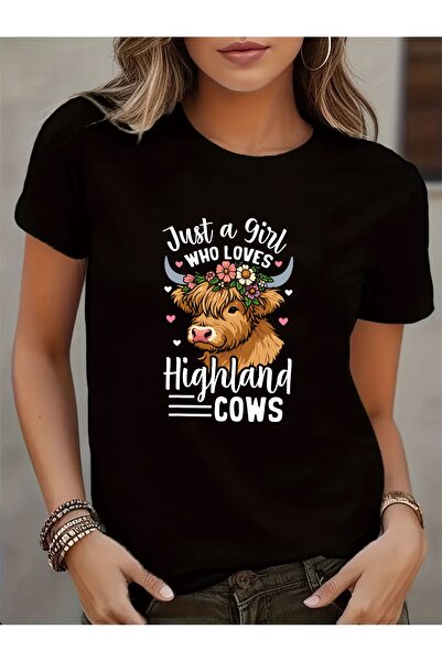 LİNA06 تي شيرت نسائي بتصميم رسومات الأبقار - تصميم "Just a Who Loves Cows" مع...