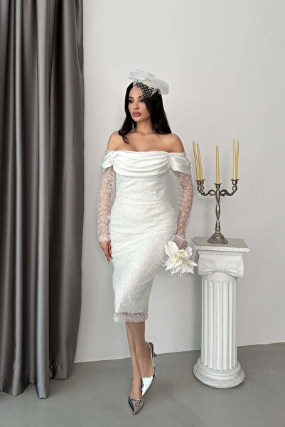 Serica Moda Λευκό βραδινό φόρεμα με λαιμόκοψη καγιάκ, παγιέτες και δαντέλα μίντι
