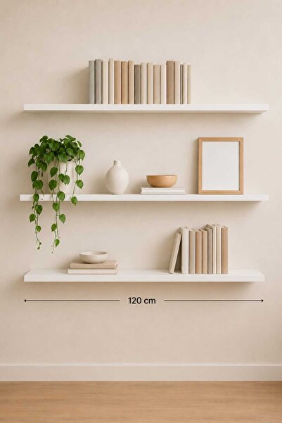yankı-byeg 120 Cm 3lü Mat Beyaz MDF Gizli Montaj Ahşap Duvar Rafı Uçan Raf Ki...