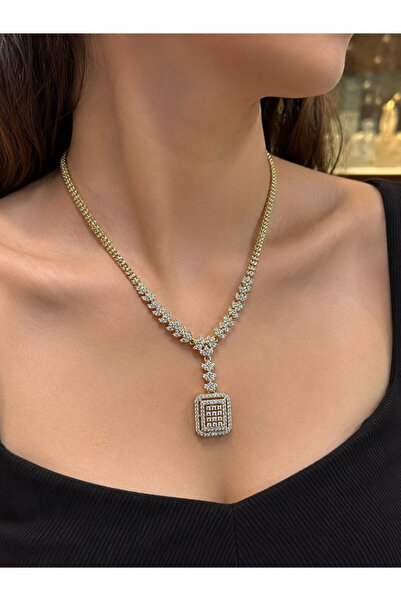 Afrika Butik Luna Kare Baget Taşlı Gold Abiye Kolye