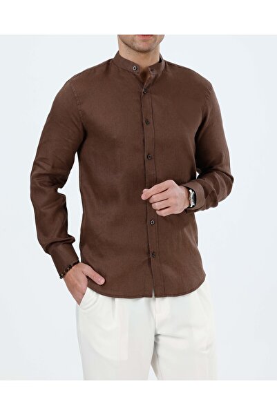 TerziAdemAltun Italian Style Slim Fit Men's Court Collar Linen Shirt Brown Co...