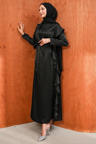 İmajButik Siyah Omuz Bronşlu Saten Abiye