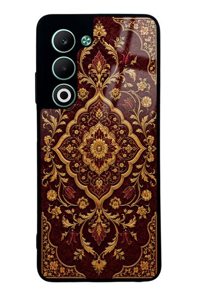 Spoyi Oppo A5 5g Burgundy Glossy Phone Case with Ottoman Gold Design