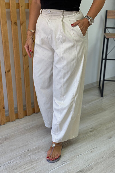 By Esra Celkan Krem Pul Baskılı Şalvar Model Pantolon