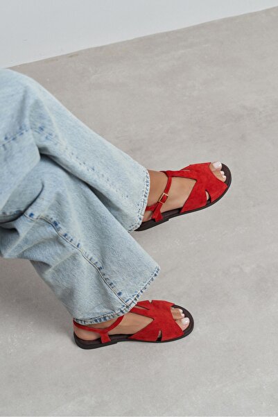 NİŞANTAŞI SHOES صندل نسائي من ديساس مصنوع من الجلد الطبيعي باللون الأحمر مع ت...