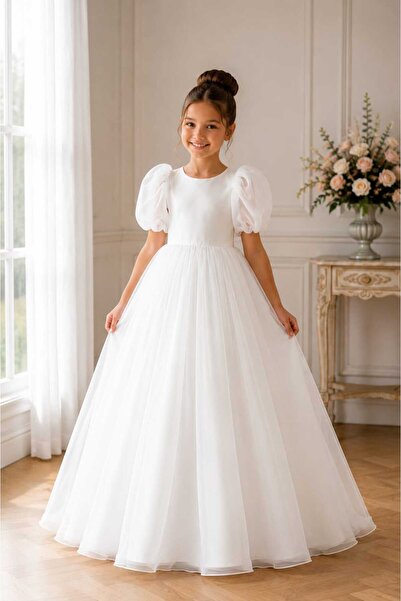 MadyaButik White Balloon Sleeve Fairy Girl Long Dress