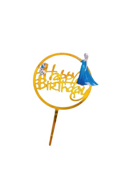 Baloane Vesele Topper Tort Elsa si Olaf Happy Birthday Auriu Oglinda Rotund T...