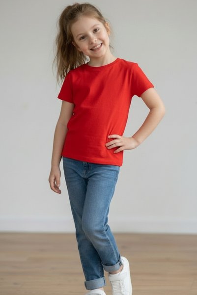 KİAGU Red Short Sleeve Basic T-Shirt - Non-Sweating Flexible Fabric Cotton Seasonal Red Short Sleeve Girls' Tshirt