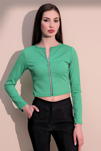 Moda4x4 Women's Clothing Green Long Sleeve Round Neck Quality Lycra Fabric Zi...