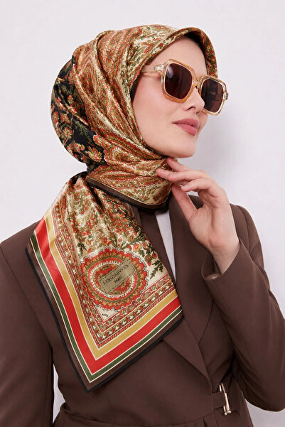 Lesscarves Cotton Silk Scarf Ethnic Patterned Ls2205 12-Light Mink-Orange-Green