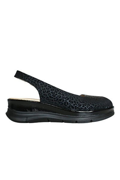 Platin Black Leopard Leather Women's Wedge Heel Sandals