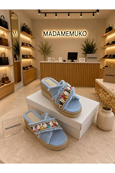 madamemuko شبشب نسائي أنيق منسوج من الجينز المطرز بالحجر الطبيعي مع شراشيب