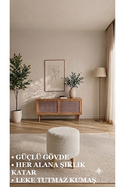 BM DESİNG Peluş PUF - Ahşap Ayaklı - Kolay Kurulum