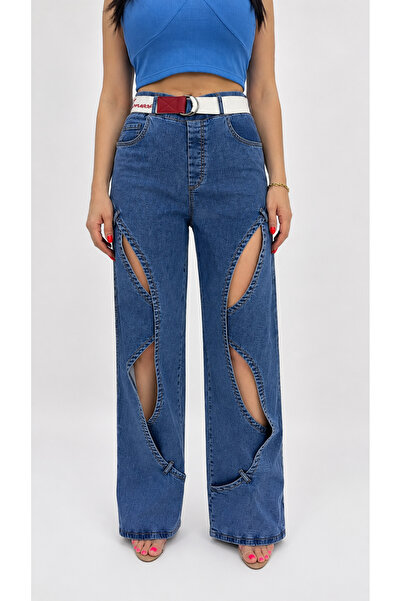 ZANESSİ FASHION Plus Size Belted Lycra Denim Women's Trousers
