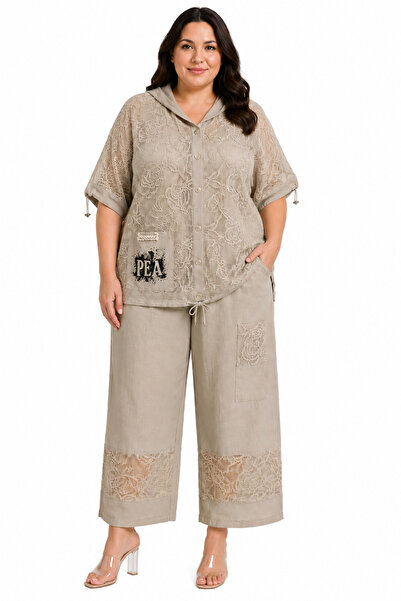 DARKWIN Plus Size Hooded Lace Detailed Buttoned Elastic Comfortable Cut Top a...
