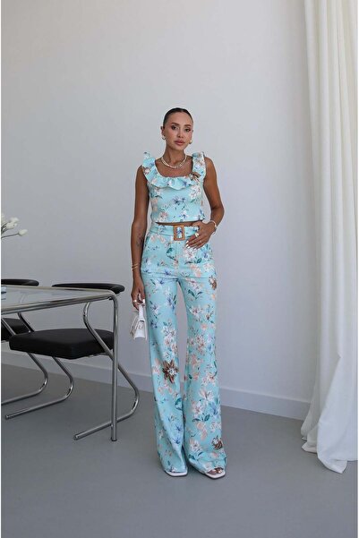 Havoş Turquoise Caren Floral Blouse and Pants Set