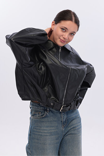 ELUVIA FASHION سترة جلدية نسائية كبيرة الحجم من نيو سيزون - سترة نسائية كاجوال كبيرة الحجم بقصة مريحة وتفاصيل حزام بسحاب