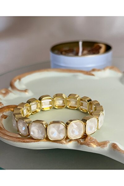 ANKA JEWELLRY White Natural Stone Looking Like Gold Women's Steel Flexible Br...