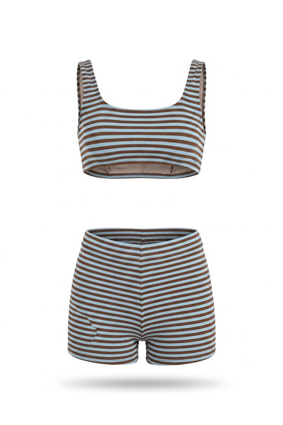 AQUELLA Blue Brown Stripe Bustier Shorts Set