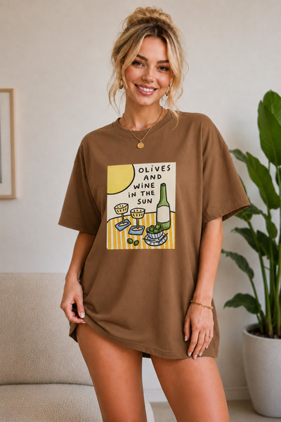 FECCY Premium Olives Printed Oversize Women's T-Shirt Cotton Oversize T-Shirt
