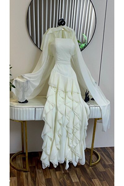 tsuwahen Off White Long Layered Ruffle Evening Dress with Luxury Chiffon Shawl