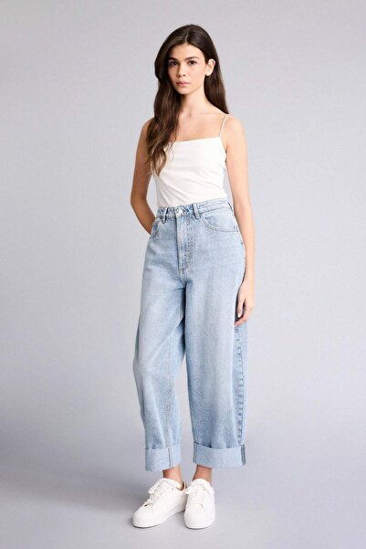 DeFacto Barrel Fit High Waist Straight Leg Long Jean Light Blue Trousers G831...