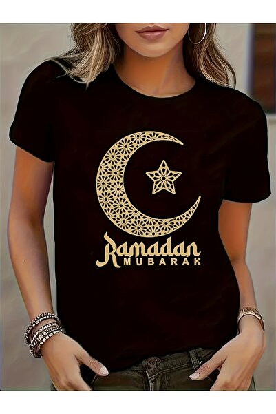 En22 تي شيرت كاجوال برقبة دائرية مع طباعة مجرة، تصميم رمضان مبارك، مقاس عادي،...