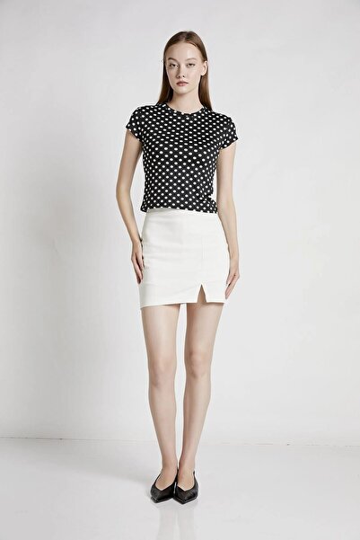 TENA Women's Black Crew Neck Short Sleeve Polka Dot Blouse
