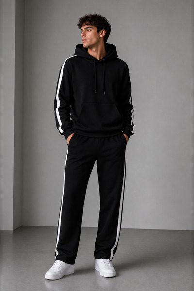 DAXİS Sportwear Company ERKEK ŞERİT DETAYLI KAPÜŞONLU EŞOFMAN TAKIMI Siyah