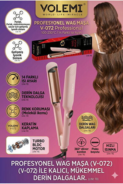 VOLEMİ Profesyonel 25 mm Derin Wag Saç Maşası 14 Farklı Isı Ayarı 100-230°C İyonik Seramik Plaka Dijital Ekran Hızlı Isınma
