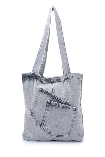 minebag Cross Patch Pocket Detailed Denim Women's Shoulder Bag Doli Gray