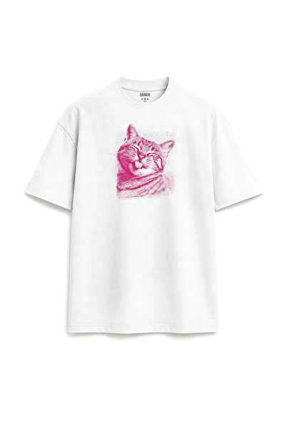 Darkia Pink Cat Pink Cat Printed Design Relax Fit White T-Shirt