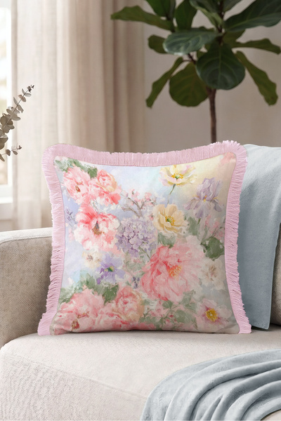 Evimde Bambaşka Floral Pastel Spring Garden Fringed Pillowcase - Romantic Flo...