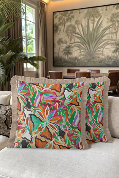 Evimde Bambaşka Tropical Floral Fringe Pillowcase - Exotic Botanical Green Or...
