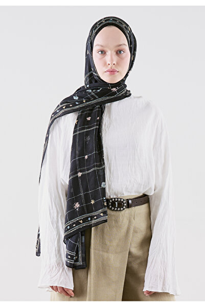 Freshscarfs Summer Blossoms Desen Rami Viskon Şal Siyah