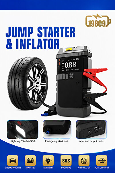TECHNOMEN 19800 mAh Araç Akü Takviye Cihazı Lastik Şişirme Kompresörü Jump St...