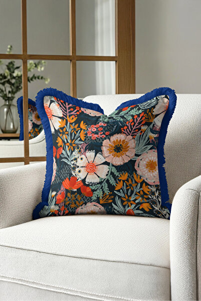 Evimde Bambaşka Floral Exotic Botanical Fringed Pillowcase-Garden Anthracite ...