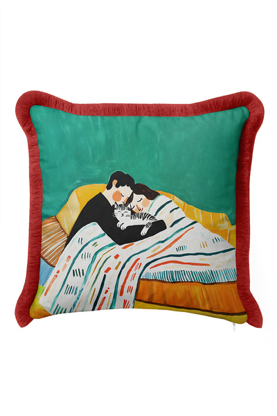 Evimde Bambaşka Romantic Double Cat Figured Fringed Pillowcase - Lover Bohemi...