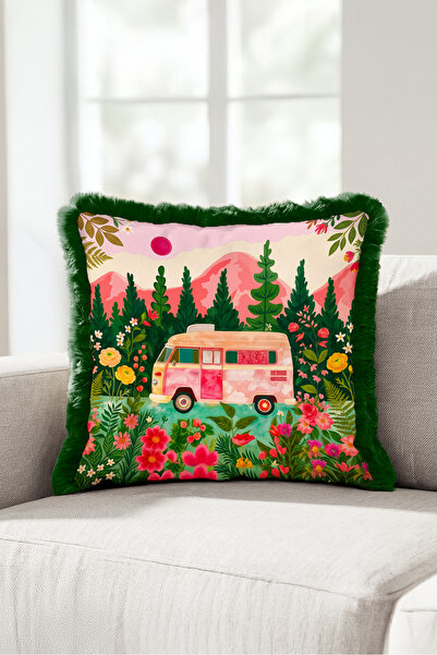 Evimde Bambaşka Floral Caravan Landscape Fringed Pillowcase - Camping Retro B...