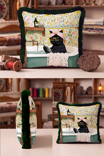 Evimde Bambaşka Floral Fringed Pillowcase with Cat in the Bathroom - Nostalgi...
